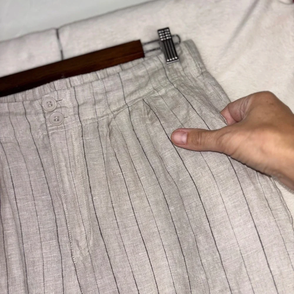 100% LINEN WIDE LEG PANTS Karlie High Rise Trouser Large Beige Pinstripe Neutral - Picture 9 of 12